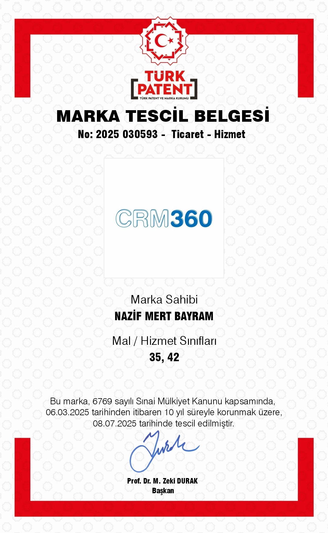 CRM360 Marka Tescil Belgesi
